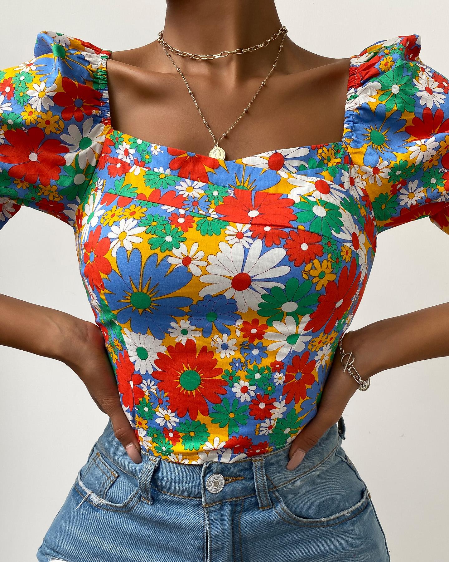 

Floral Print Puff Sleeve Shirring Detail Top, Multicolor