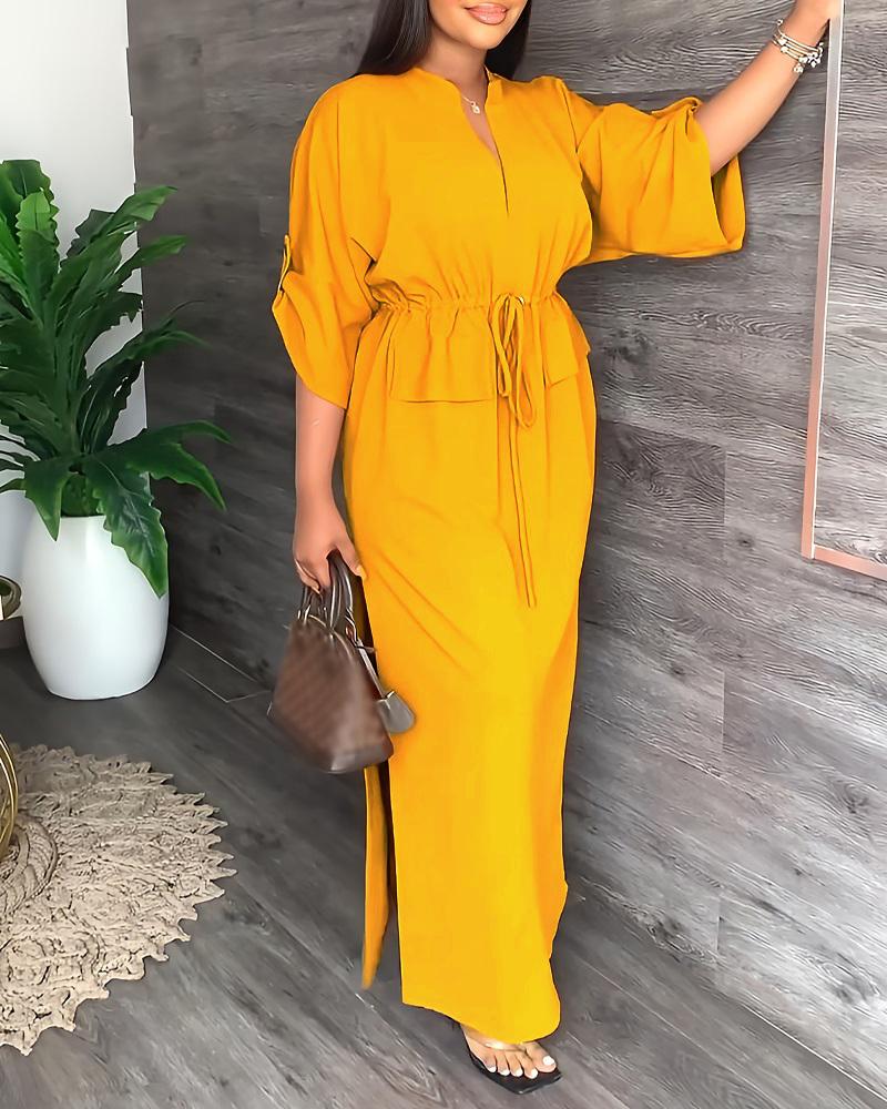 

Roll Up Sleeve Drawstring Waist Split Hem Maxi Dress, Yellow