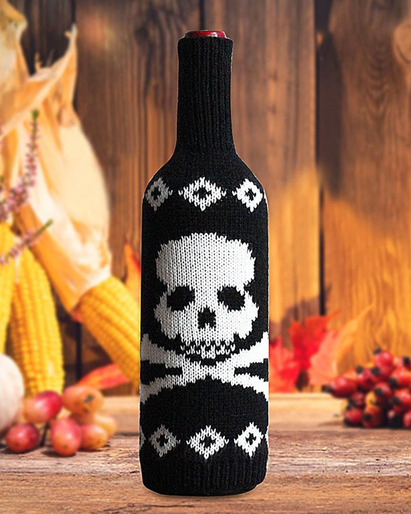 

1pc Halloween Toxic Sign Skull Spider Pumpkin Head Knit Bottle Cover Party Winebottle Decoration, Black