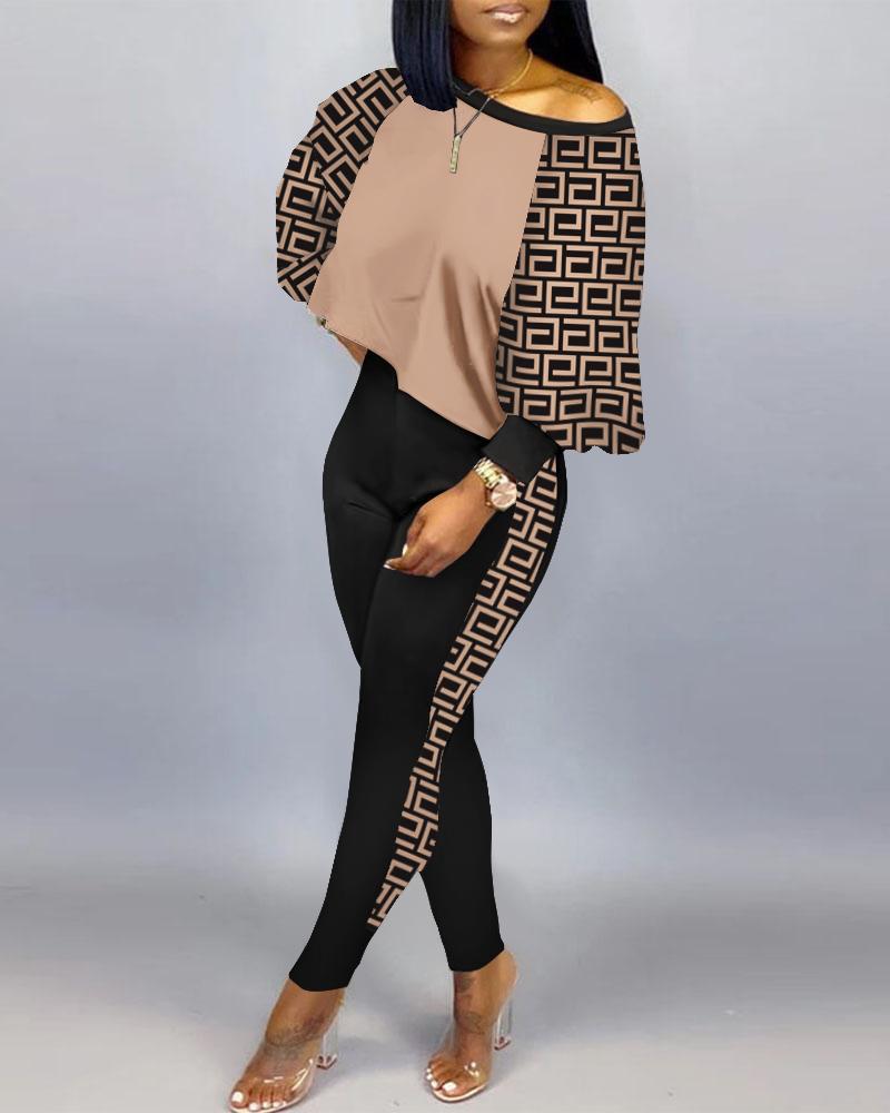 

Geometric Print Long Sleeve Top & Pants Set, Khaki