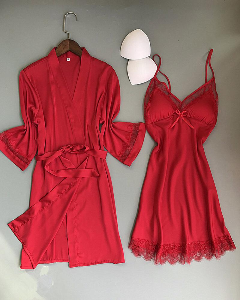

Lace Trim Satin Padded Robe & Gown Set, Red