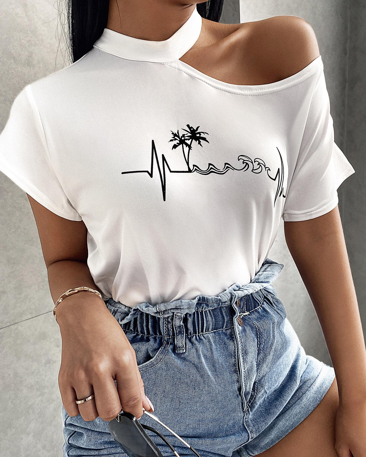 

Tree Print Cold Shoulder Short Sleeve T-shirt, White