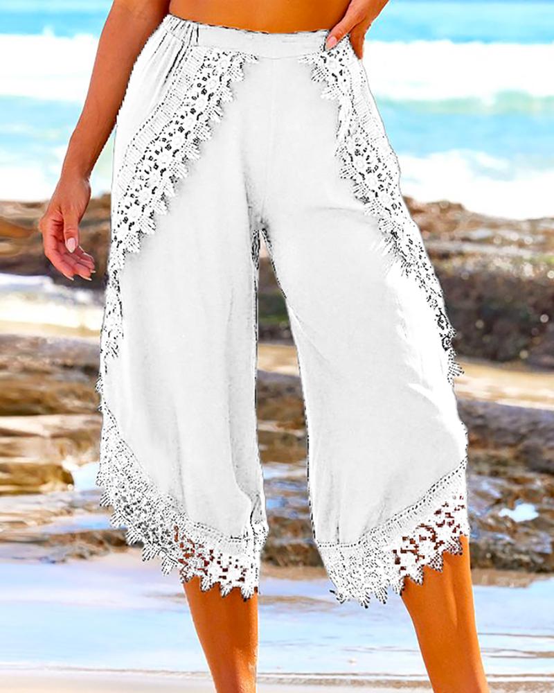 

Lace Patch Wide Leg Beach Pants, White