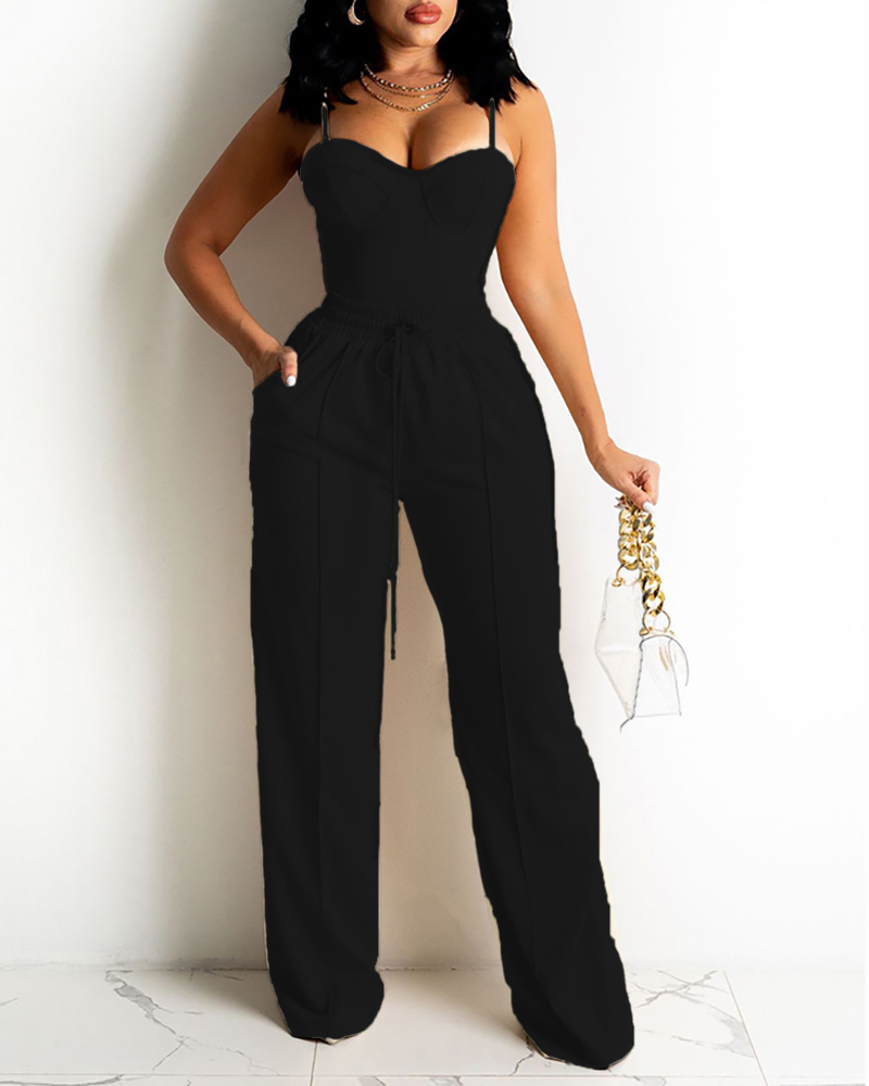 

Zipper Back Cami Top & Wide Legs Contrast Pipping Pants Set, Black