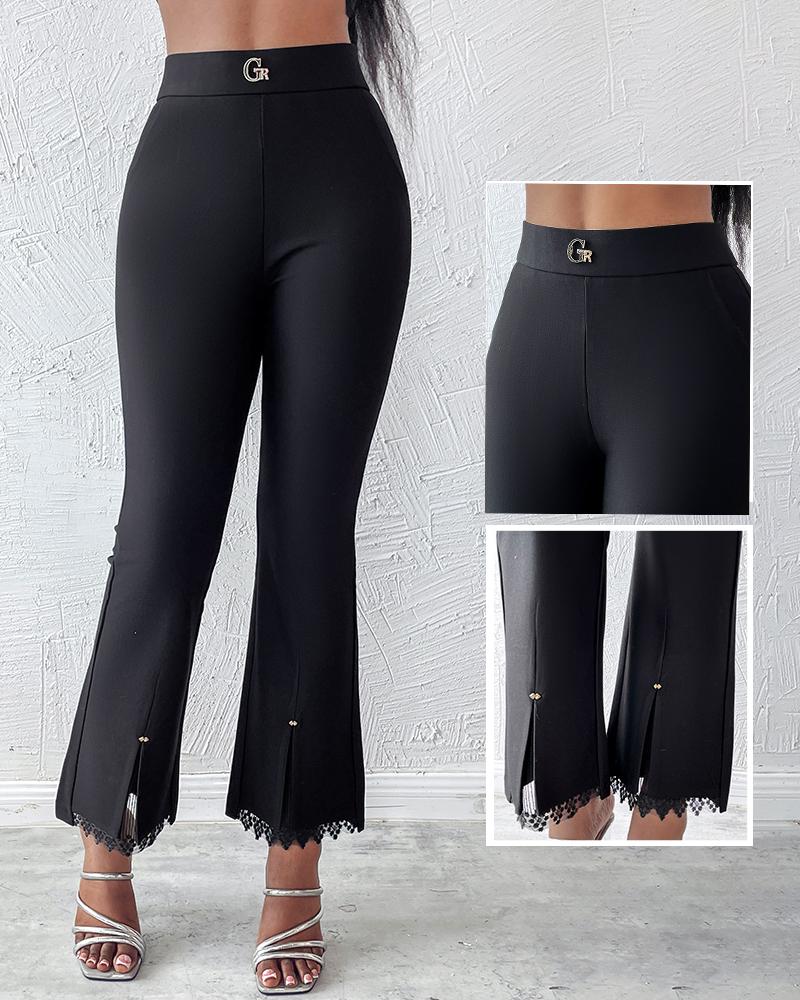 

Calça skinny de cintura alta com fenda em renda contrastante, Black