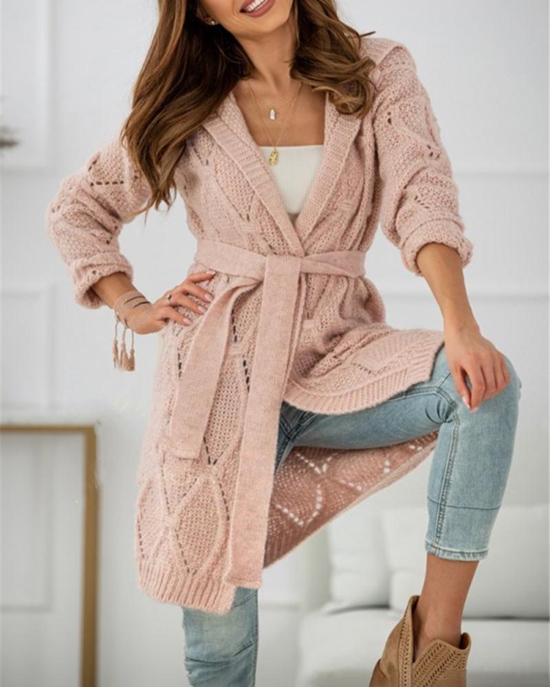 

Braided Long Sleeve Casual Hooded Cardigan With Belt, Pink