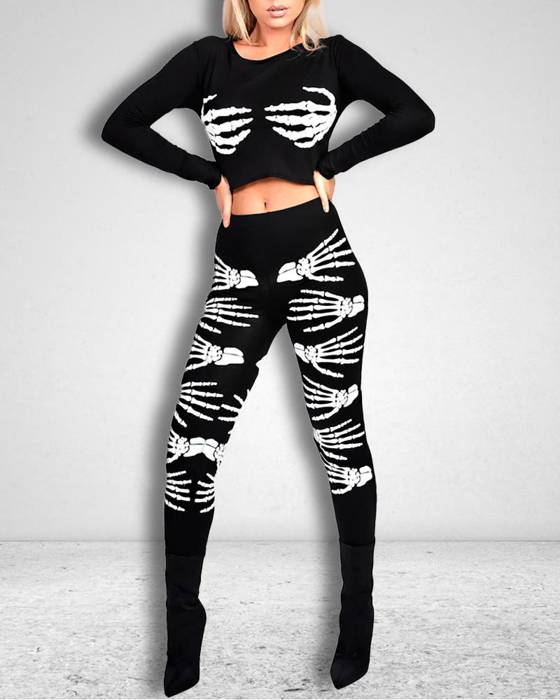

Halloween Skeleton Print Long Sleeve Crop Top & Pants Costume Set, Black
