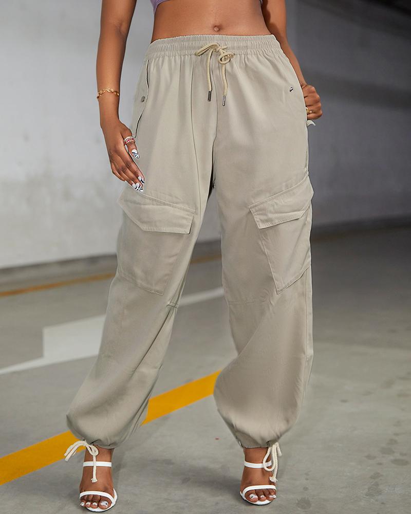 

Snap Button Drawstring Cuffed Cargo Pants, Khaki