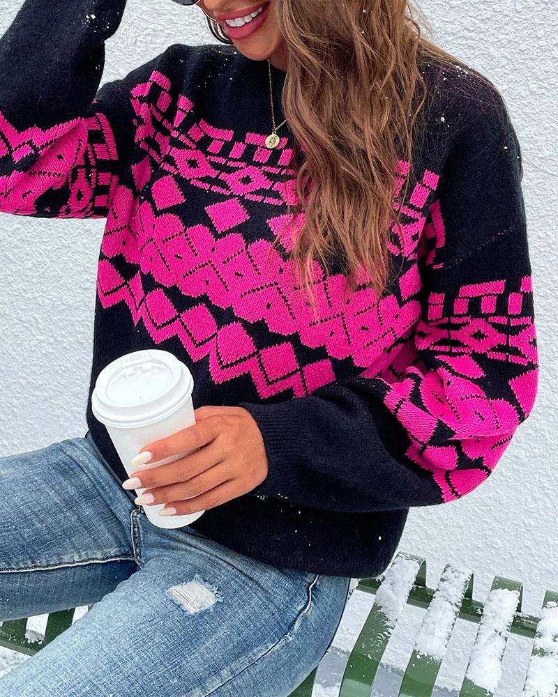 

Christmas Argyle Heart Pattern Long Sleeve Sweater, Black