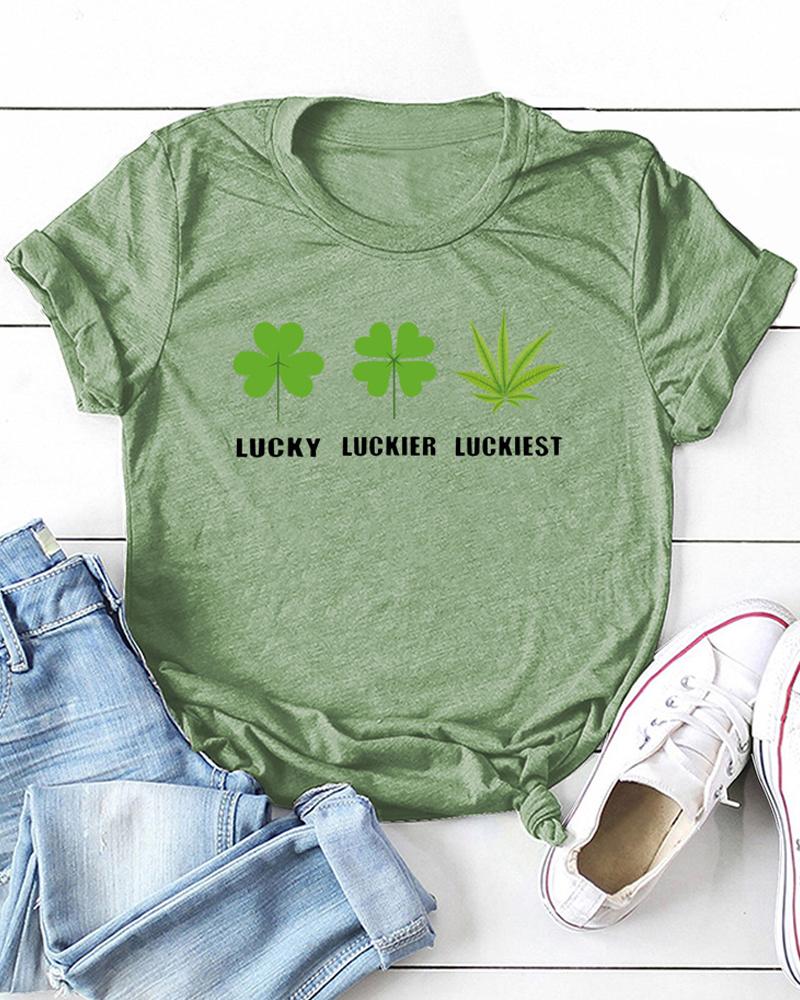 

St.Patrick's Day Clover Print Short Sleeve T-Shirt, Green