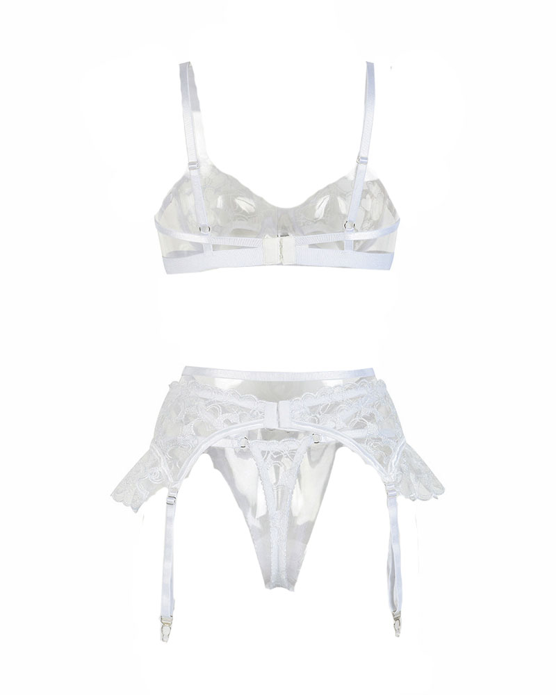 

Embroidery Rhinestone Decor Lace Garter Lingerie Set, White