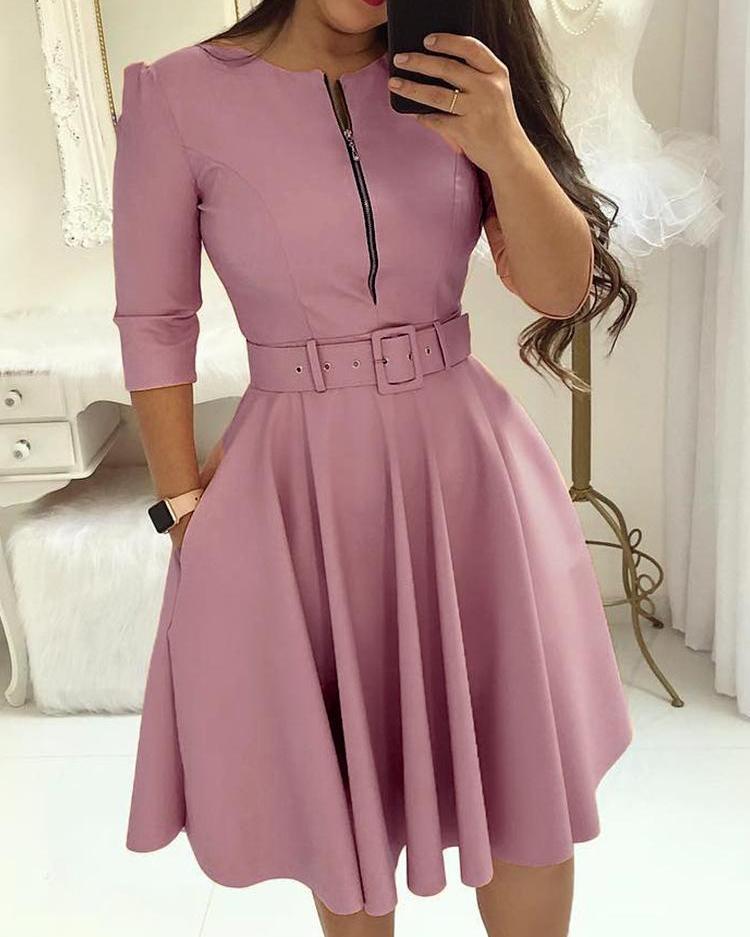

Solid Zipper Up Belted Pleated Casual Dress, Purple
