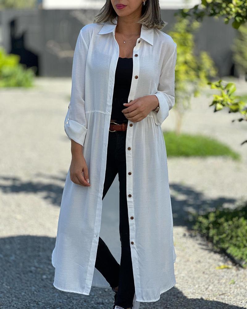 

Buttoned Roll Up Sleeve Longline Coat, White