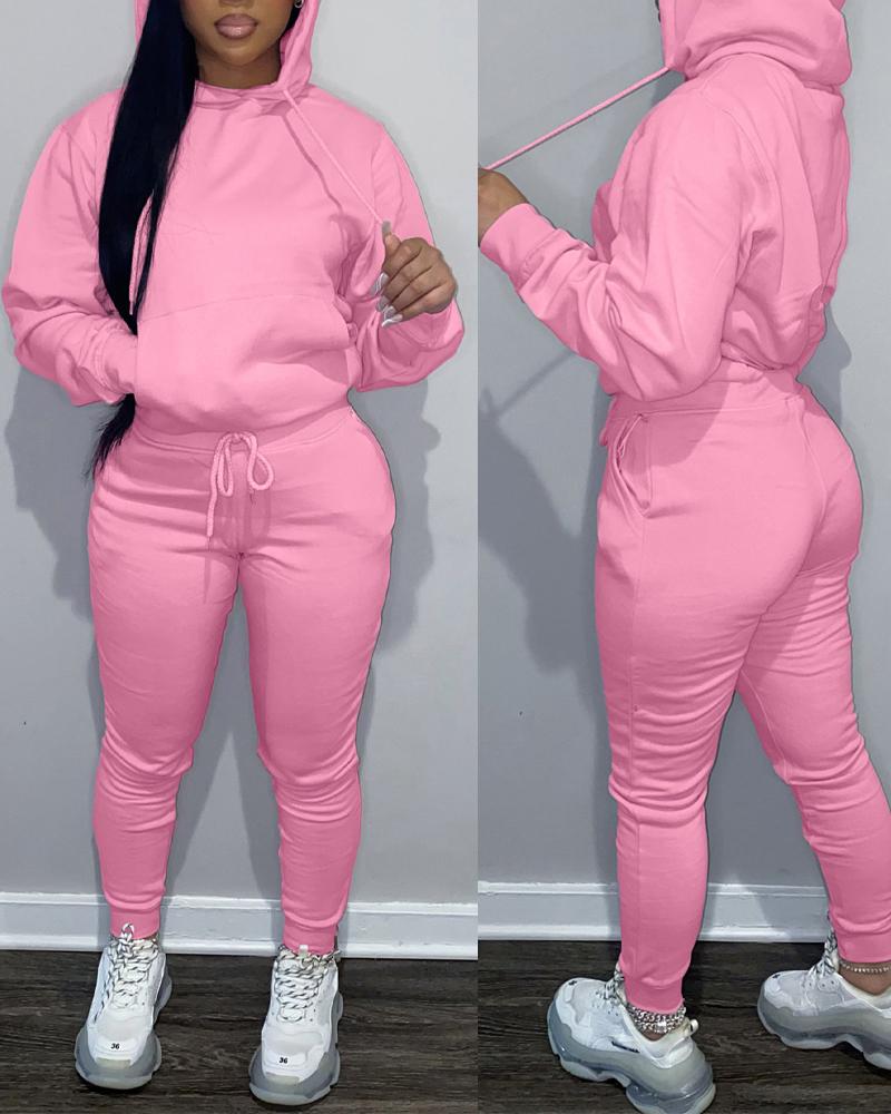 

Long Sleeve Casual Hoodie & Drawstring Pants Set, Pink