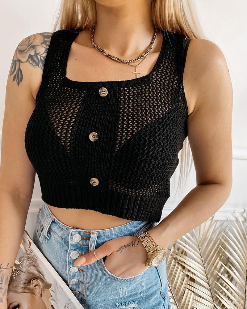 

Knit Hollow Out Buttoned Crop Top, Black