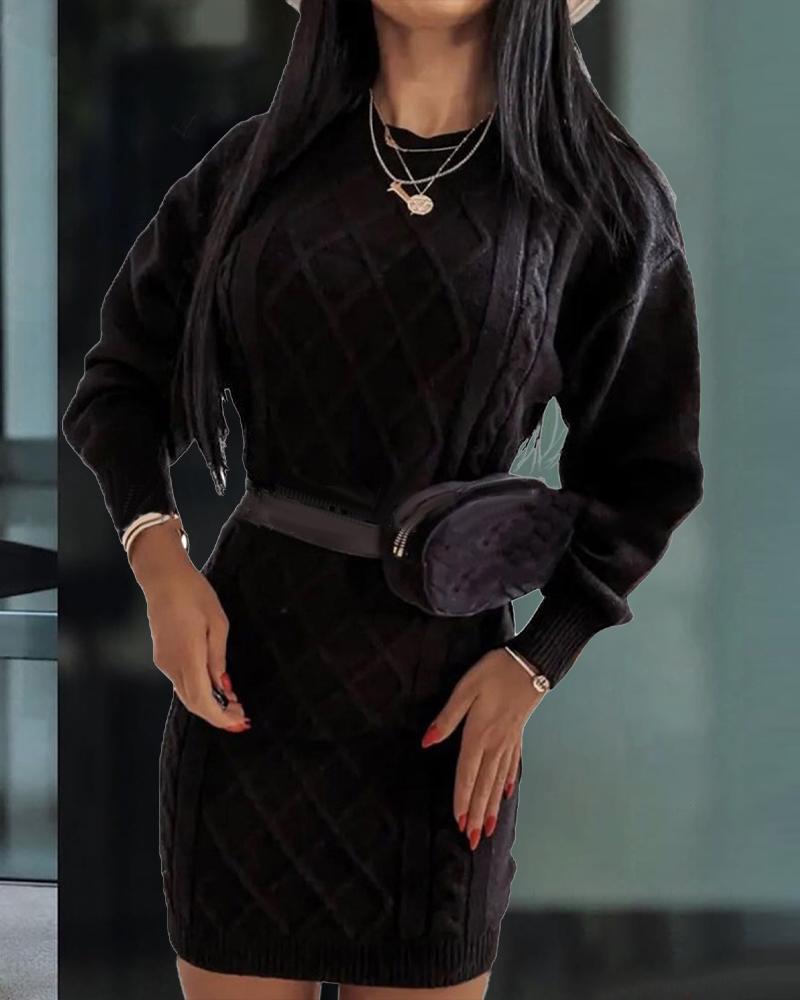 

Long Sleeve Textured Knit Sweater Dress, Black