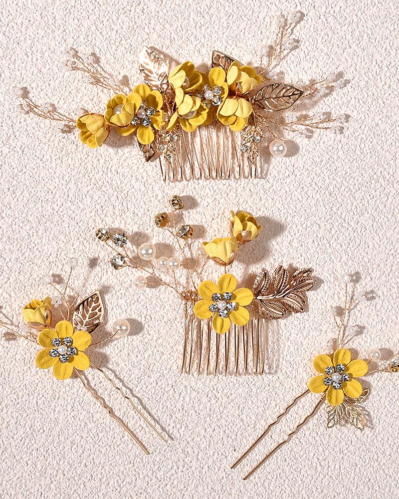 

4pcs Wedding Bridal Hair Comb Clips Leaf Pearl Hairpins Crystal Floral Jewelry Headpieces Set, Yellow