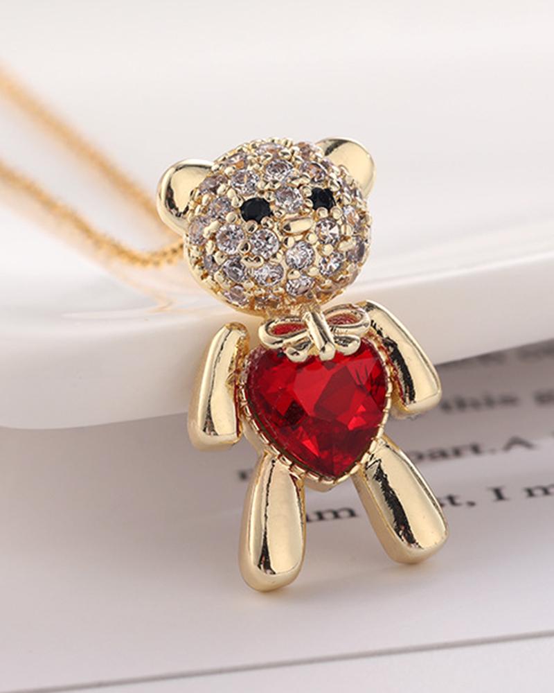 

1pc Valentine's Day Rhinestone Heart Bear Shaped Pendant Necklace, Gold