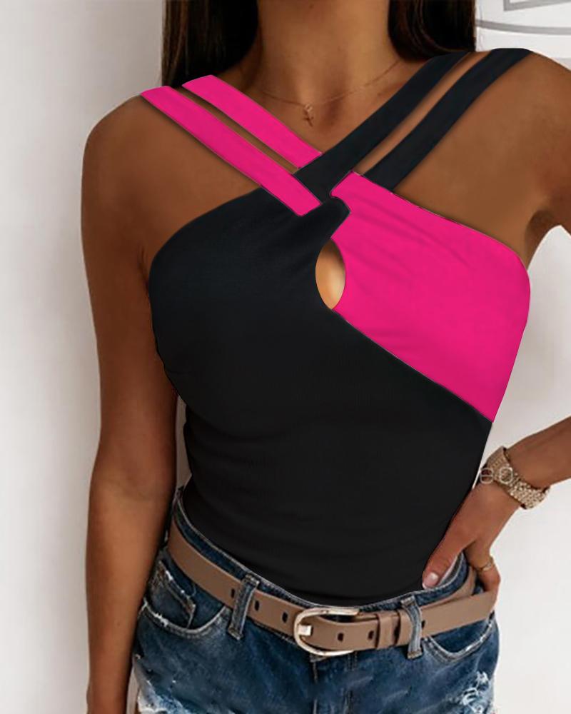 

Colorblock Crisscross Halter Tank Top, Hot pink