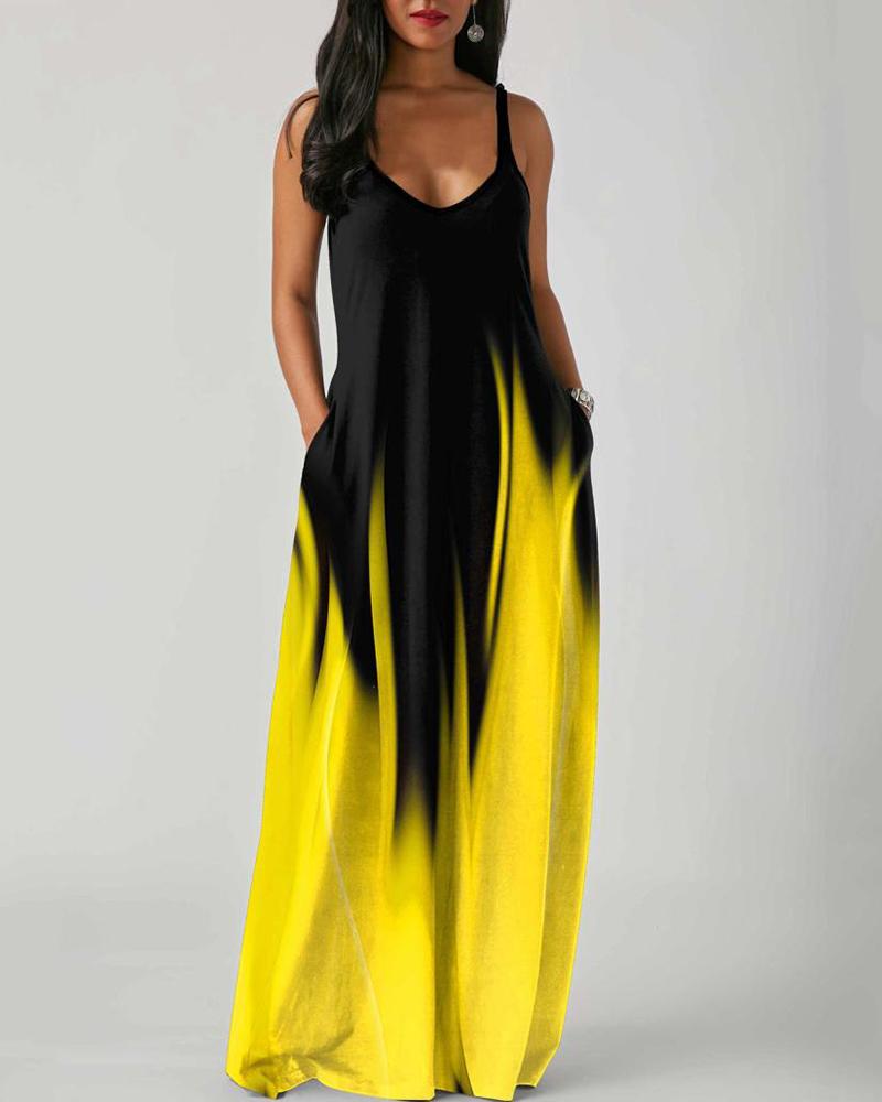 

Abstract Print Colorblock Pocket Design Maxi Dress, Yellow