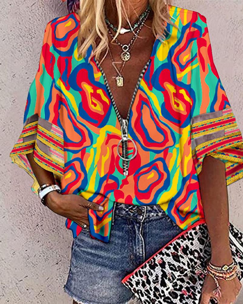 

Multi-Color Abstract Print Bell Sleeve Zip Front Top, Orange