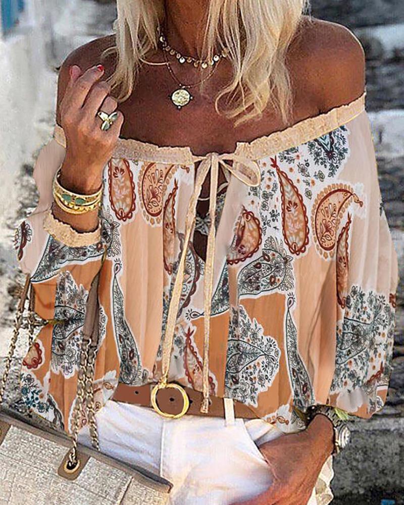 

All Over Print Off Shoulder Lace Up Top, Yellow