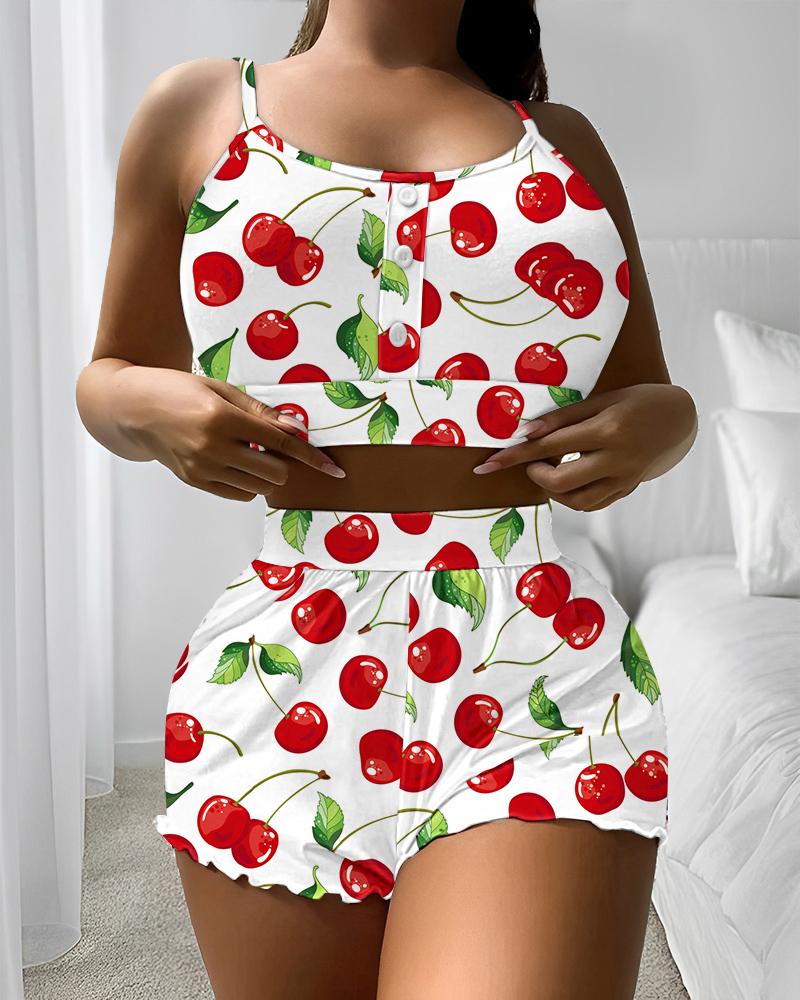 

Plus Size Cherry Print U-Neck Button Front Cami Set, White