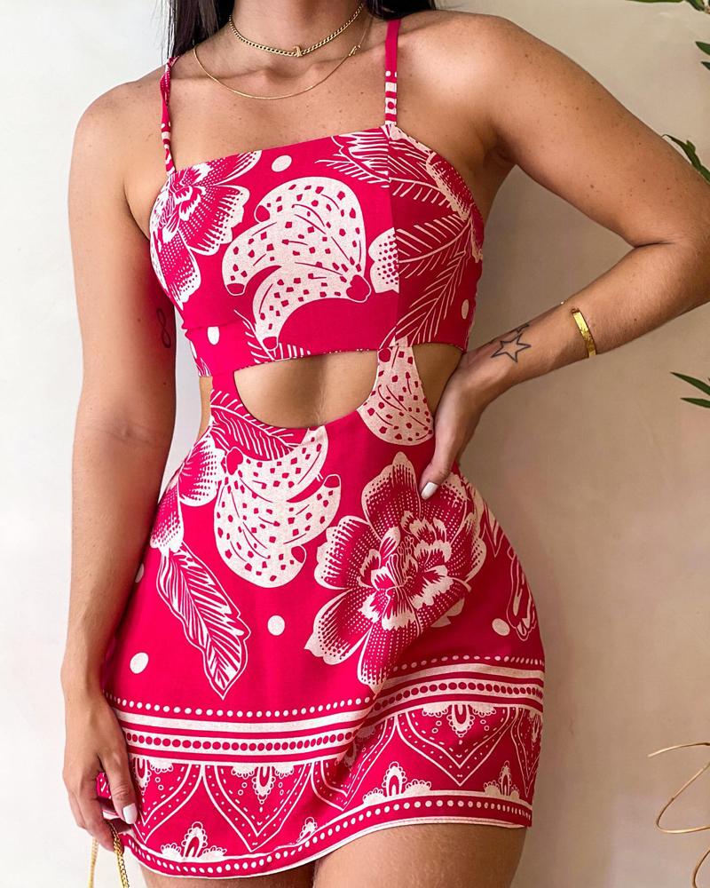 

Tropical Print Cutout Backless Lace-up Mini Dress, Red