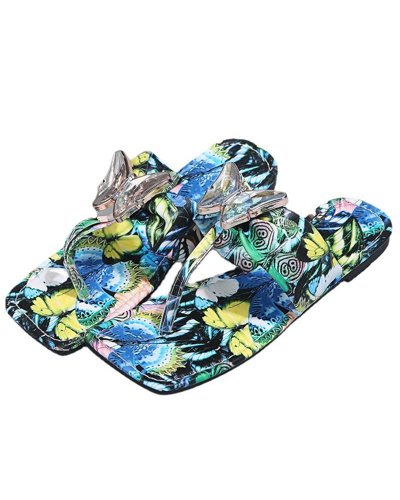 

Snakeskin Bowknot Upper Open-toe Post-toe Flat Sandals, Blue