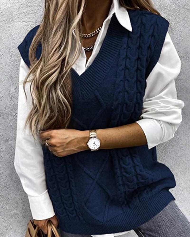 

V-Neck Cable Knit Sweater Vest, Purplish blue