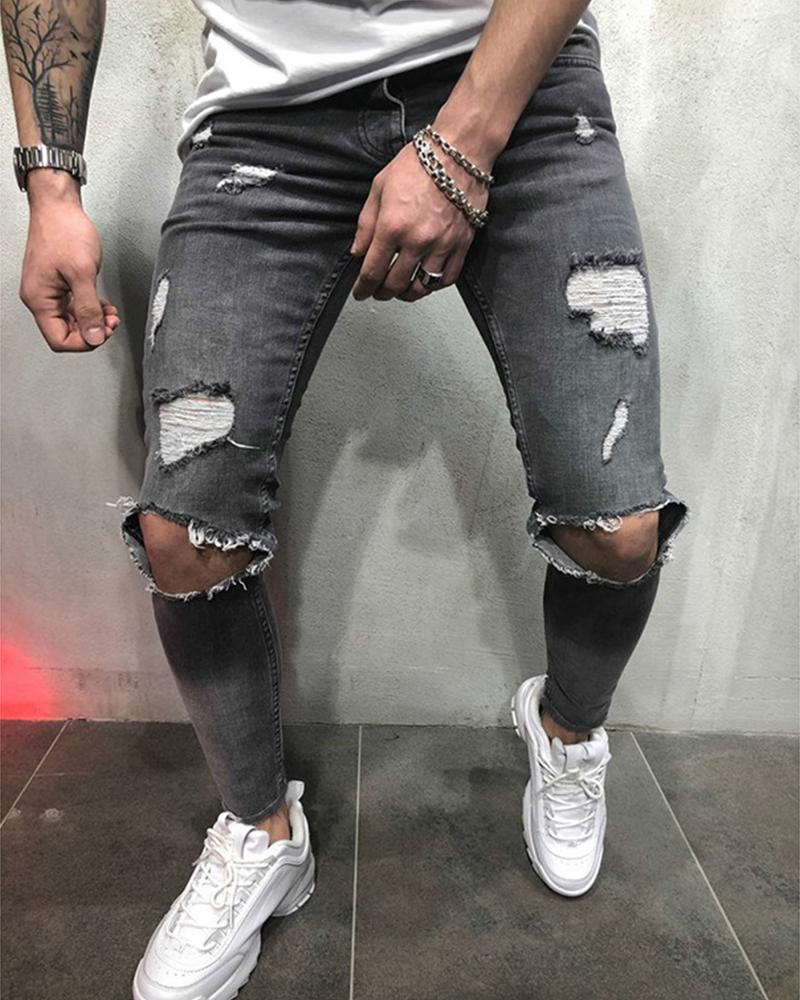 

Solid Color Hole Slim Jean Pants, Gray