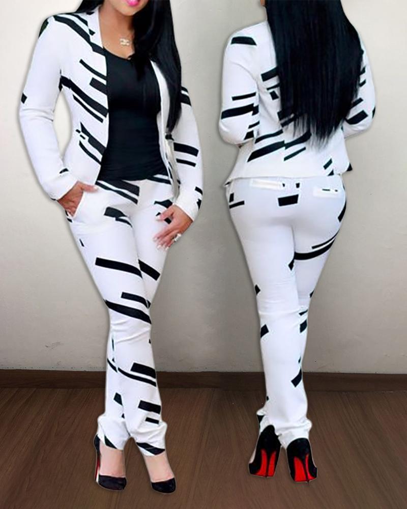 

Long Sleeve Striped Print Coat & Pants Set, White