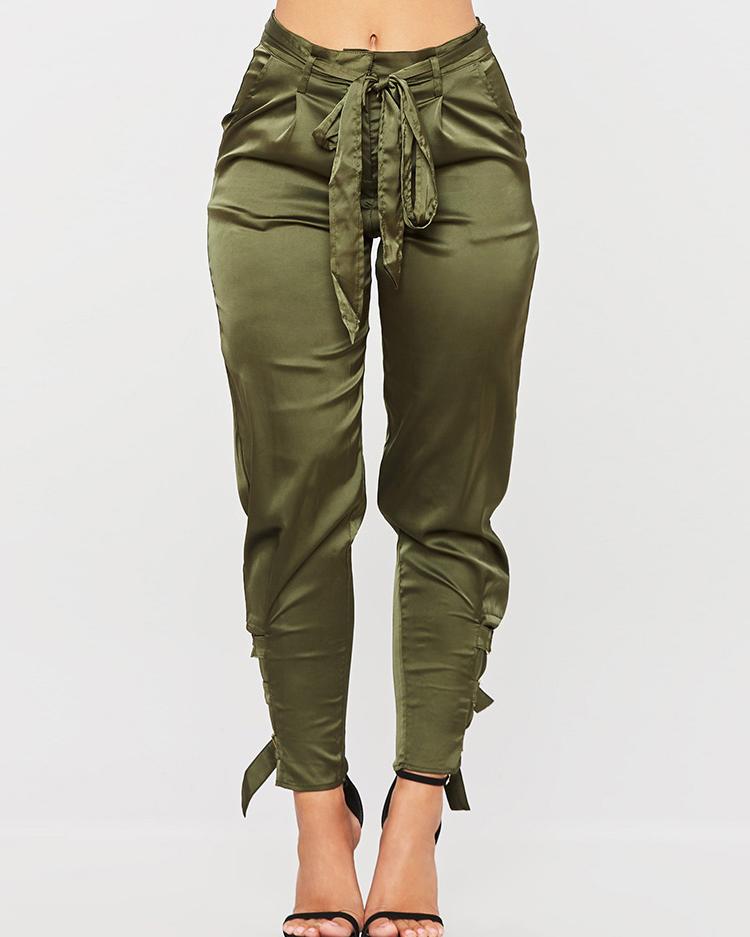 

Casual Buckle Pocket Tied Trousers, Green