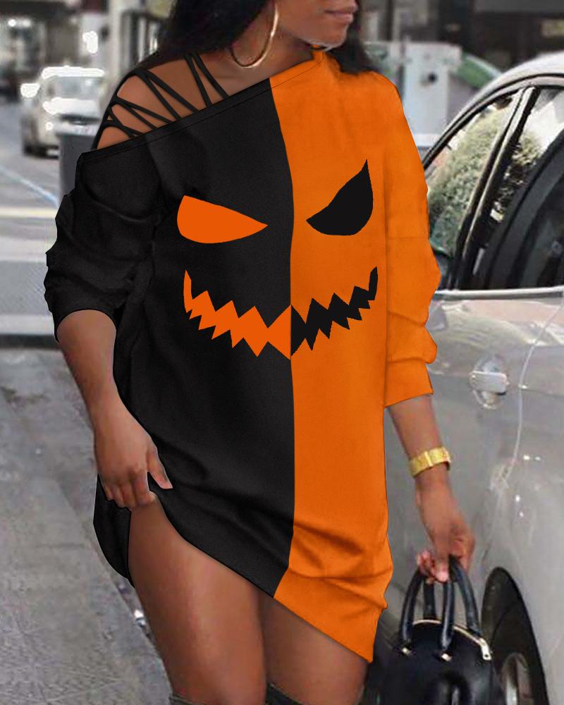 

Halloween Graphic Print Colorblock Casual Dress, Orange