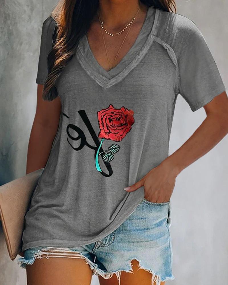 

Floral Letter Pattern Print Short Sleeve Casual T-shirt, Gray