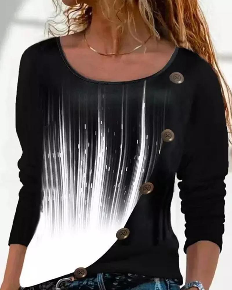 

Ombre Button Decor Long Sleeve Top, Black