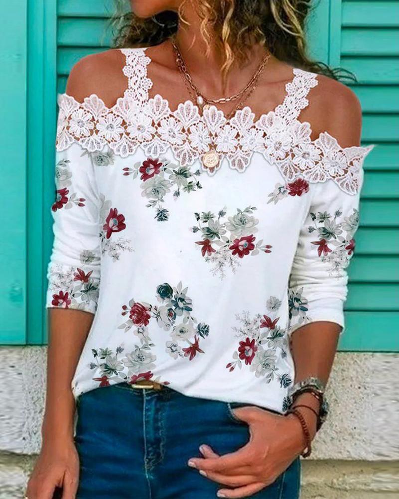 

Floral Print Contrast Lace Cold Shoulder Top, White