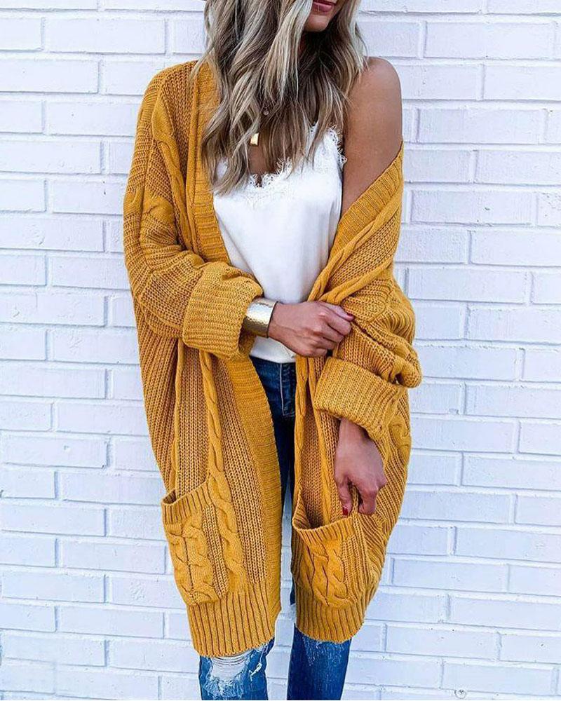 

Open Front Pocket Detail Cable Knit Cardigan, Yellow