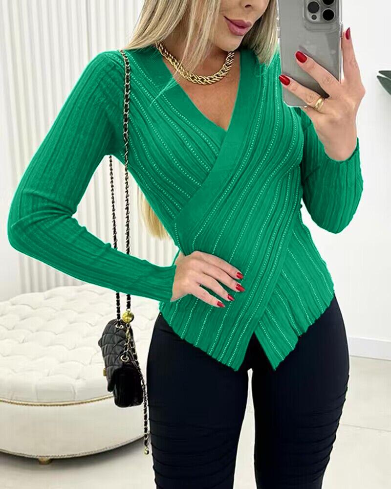 

Rhinestone Decor Criss Cross Knit Sweater, Green