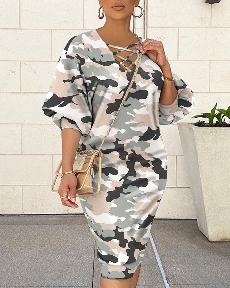 

Camouflage Print Lantern Sleeve Criss Cross Front Sweatshirt Dress, Camoflage