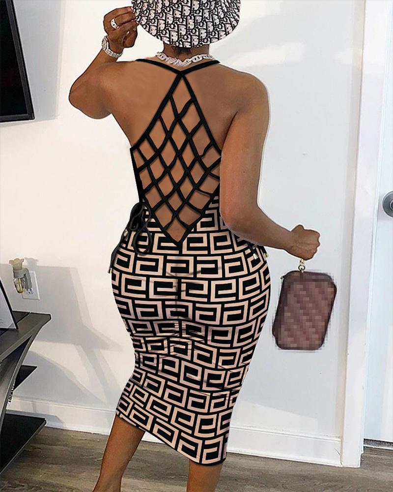 

Geometric Print Fishnet Backless Bodycon Dress, Khaki