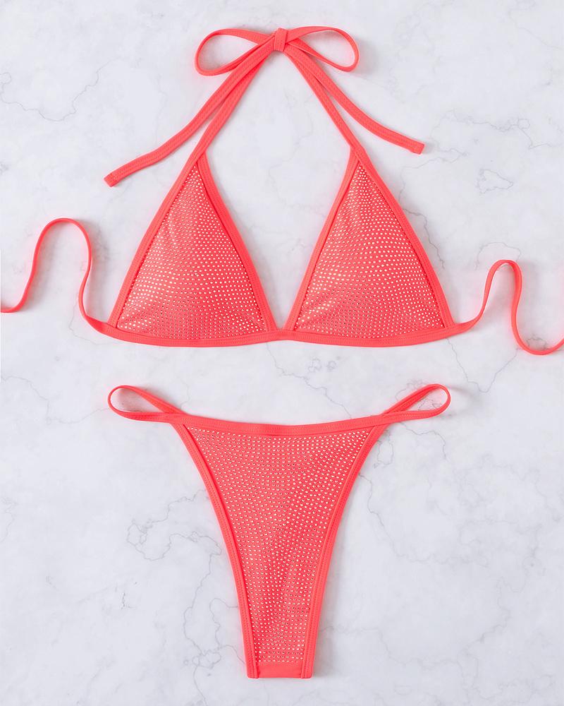 

Rhinestone Decor Tied Detail Halter Bikini Set, Pink