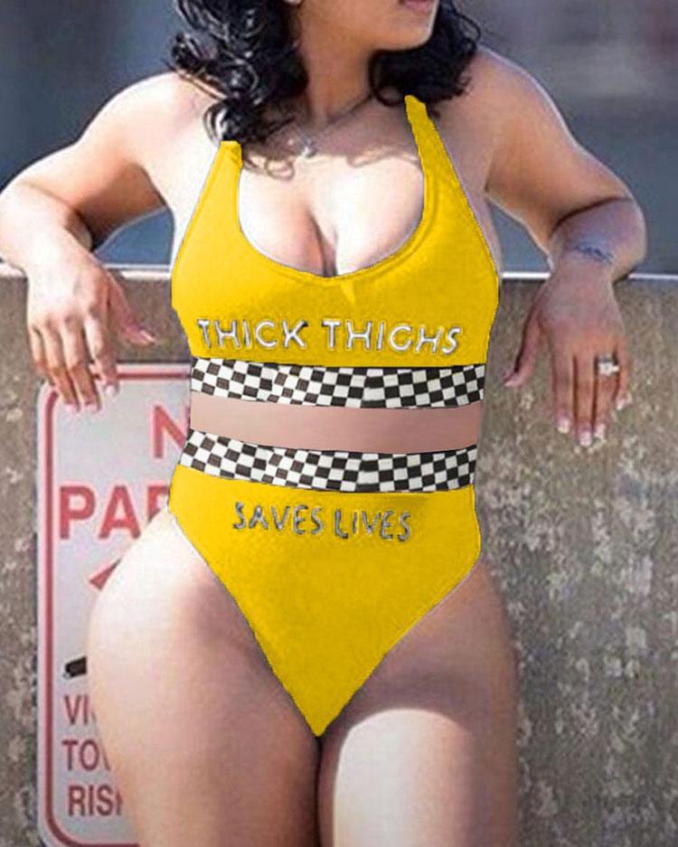 

Oversize Letter Checkerboard Print Bikini Set, Yellow