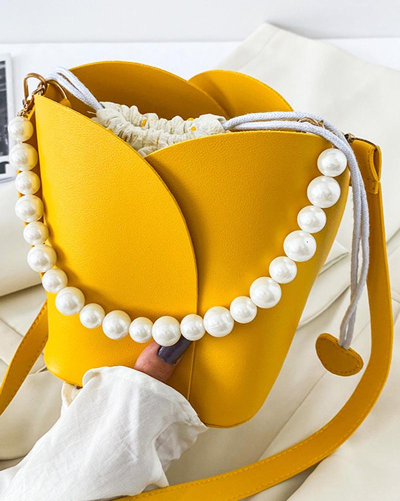 

Pearls Strap Pastel Color Drawstring Bucket Shoulder Bag, Yellow