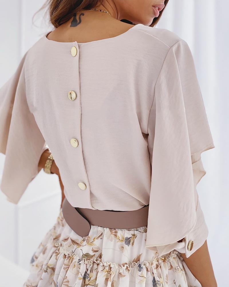 

Button Design Butterfly Sleeve V-neck Women Blouse, Beige