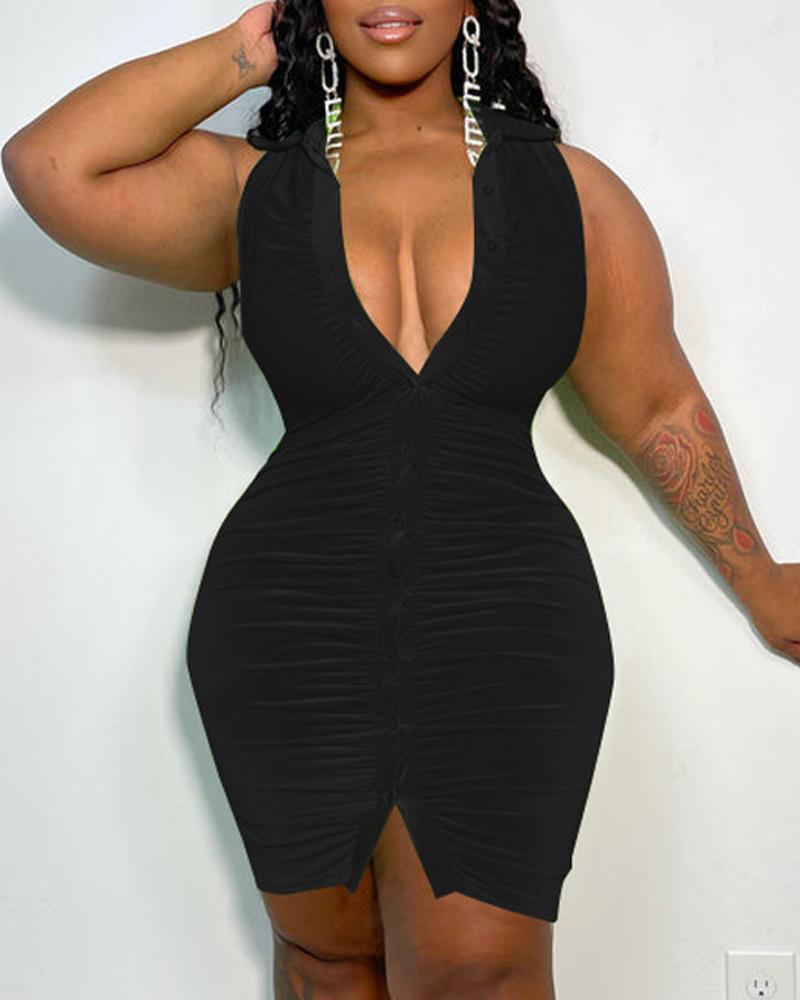 

Plus Size Sleeveless Button Front Ruched Bodycon Dress, Black