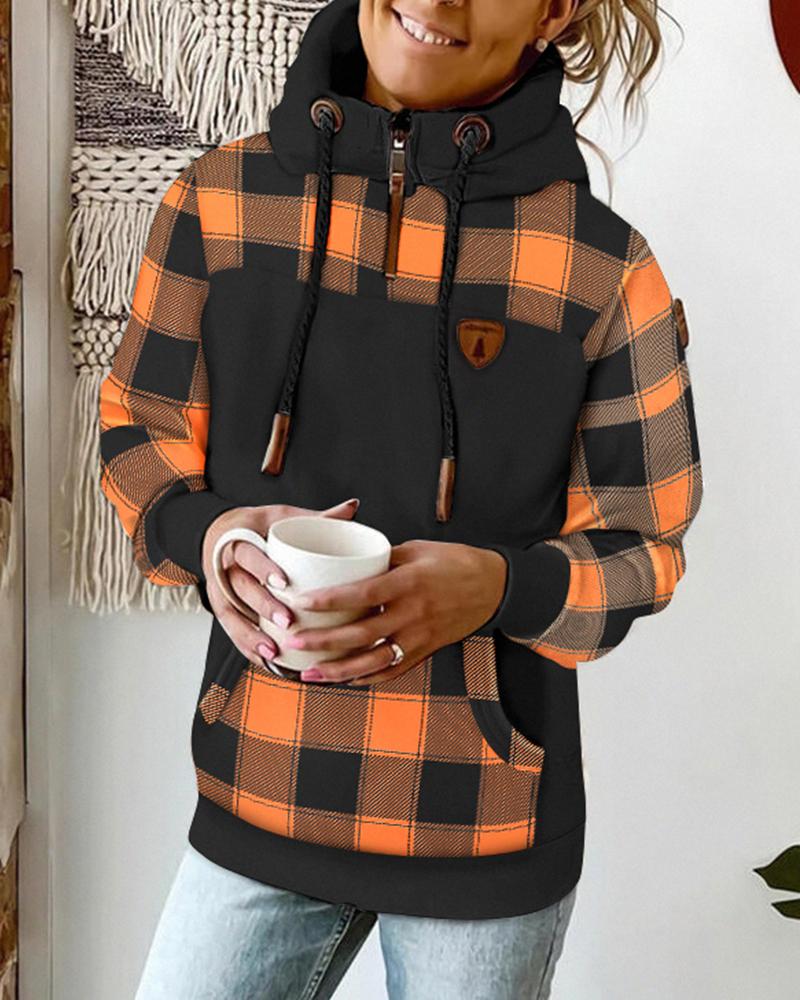 

Plaid Print Long Sleeve Drawstring Hoodie, Orange