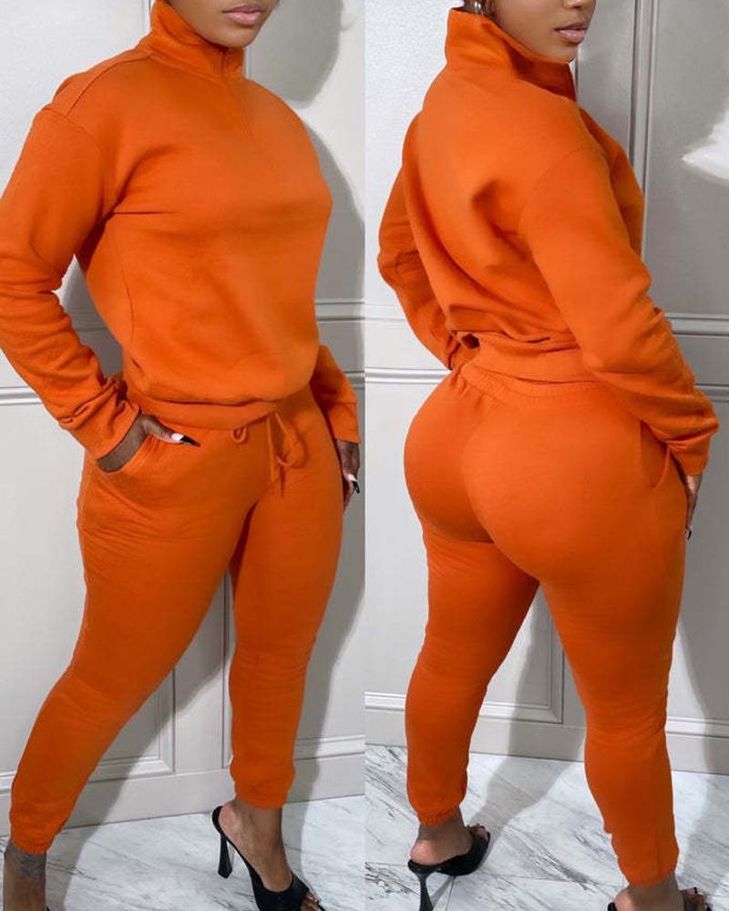 

Long Sleeve Zip Detail Casual Top & Drawstring Pants Set, Orange