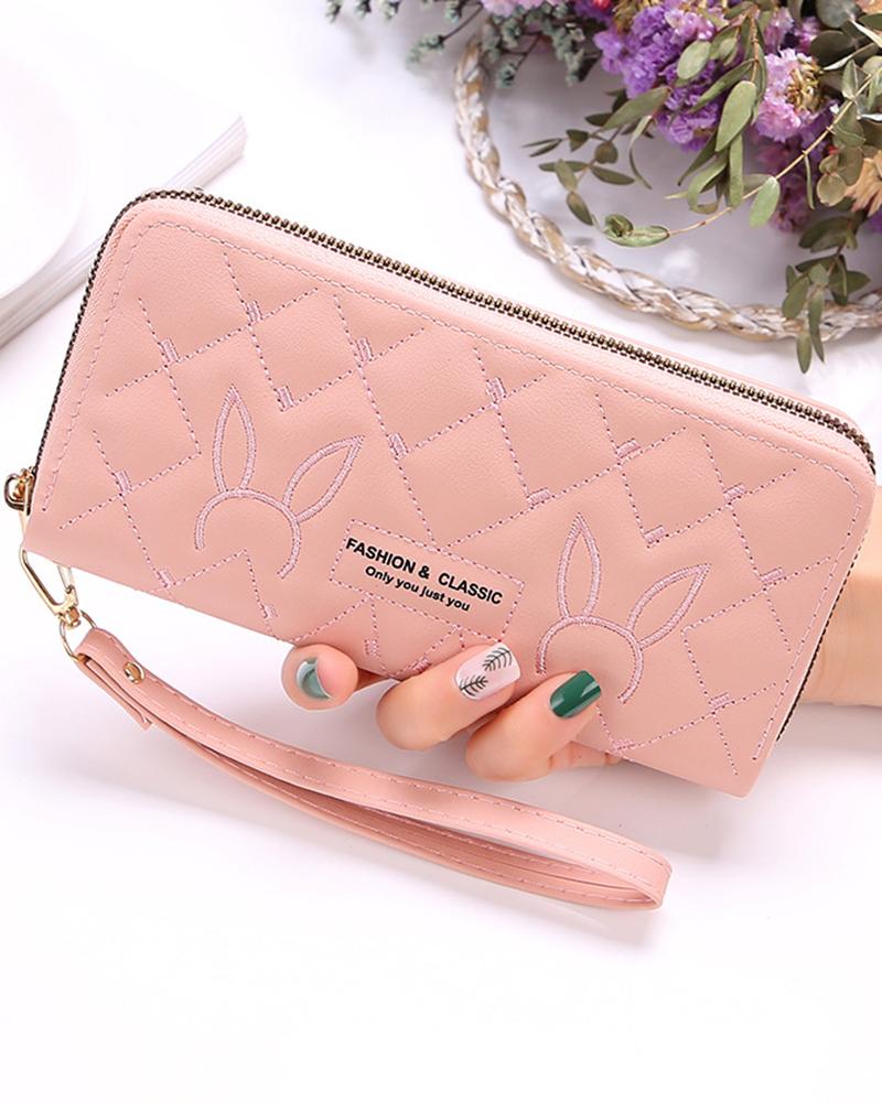 

Rabbit Pattern Quilted Zipper Purse, Pink