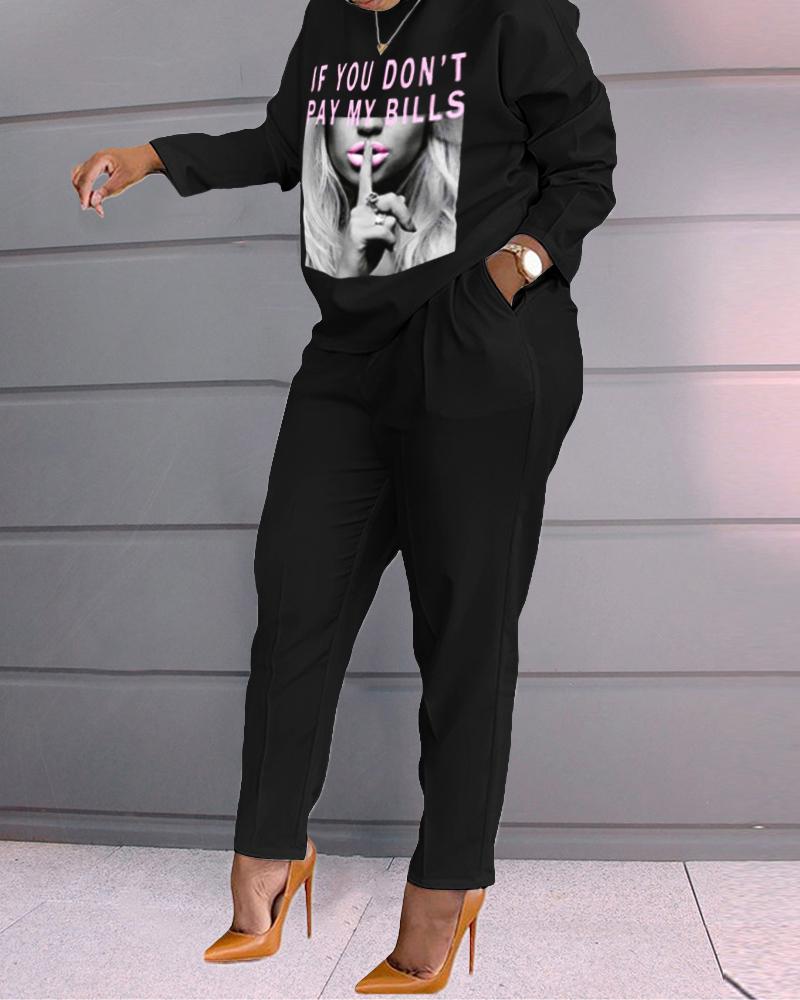 

Slogan Print Long Sleeve Top & Pants Set, Black